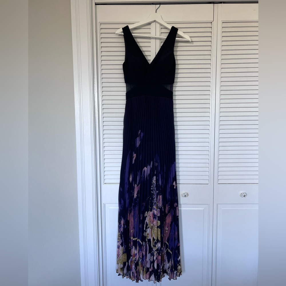 Aqua Dark Blue Floral Dress with Cutout